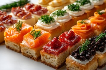 An assortment of canapes is presented on a white background showcasing various toppings and flavors suitable for a gathering during any time of day