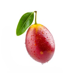 A fresh miracle fruit berry with glossy red skin, green leaves, and visible water droplets, highlighting its unique tropical appearance and natural freshness.