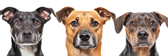 Hungry dogs with alert expressions look toward the viewer against a plain white background, showcasing their heads in close-up detail