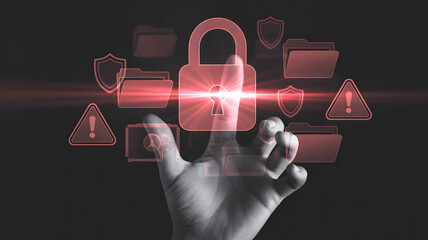 Secure data protection with glowing red padlock and warning symbols