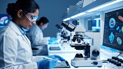 Female scientists working in a laboratory, conducting research and analysis using microscopes and digital tablets. - Powered by Adobe