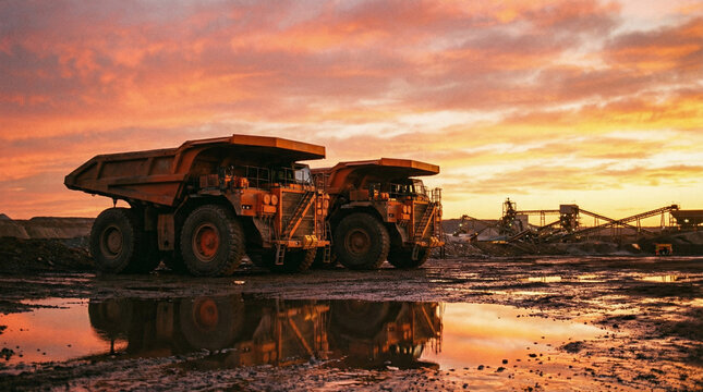 Two massive orange mining trucks at sunrise on muddy ground