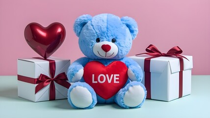 Blue teddy bear with love heart and gifts