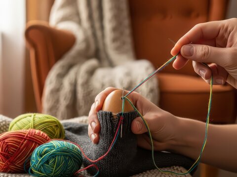 Person darning sock with yarn and needle at home