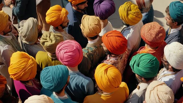 A group of men, likely from a Sikh community, wearing turbans in various colors such as red, yellow, and blue. They are standing close together, possibly at an event or gathering.