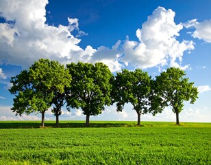 A vibrant shot of four lush trees in a verdant field under a bright blue sky filled with fluffy white clouds