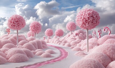 Whimsical candy landscape with pink lollipop trees, surrounded by candy-shaped mounds under a cloudy sky, creating a fantasy world, Generative AI