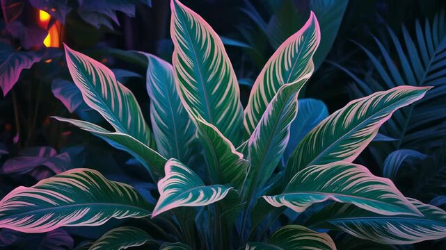 Vibrant tropical plant with neon highlighted leaves in a dark garden setting.