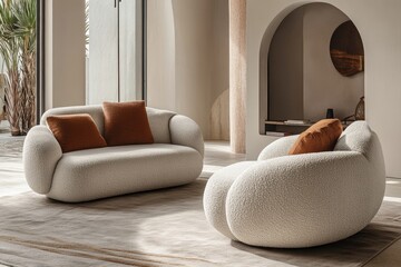 Light relaxing room interior featuring a sofa and armchair, complemented by a mockup wall for creative design flexibility, Generative AI