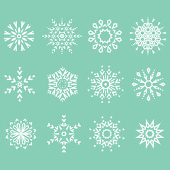 Snowflakes vector icon collection. Graphic modern green and white ornament
