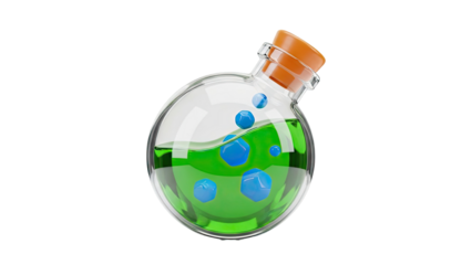 Potion bottle with green liquid and blue spheres on transparent background