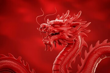 Red chinese dragon 3d illustration on dark background, mythical creature, cultural symbol