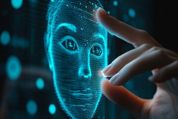 Businesswoman and biometric scanning, digital hologram, and statistics, representing advanced security measures and modern technology, Generative AI