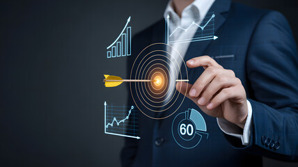 Businessman analyzing data with target and graphs in modern office