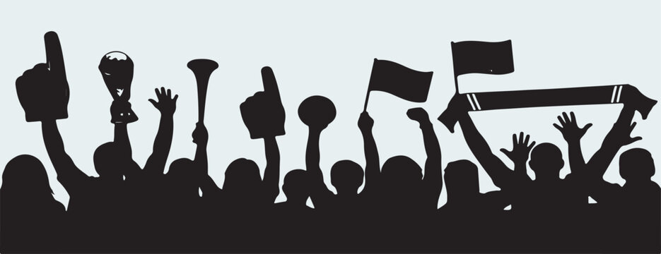 World Cup 2026 football fans celebration illustration featuring cheering crowd silhouettes with flags, scarves, and trophies representing global soccer excitement.
