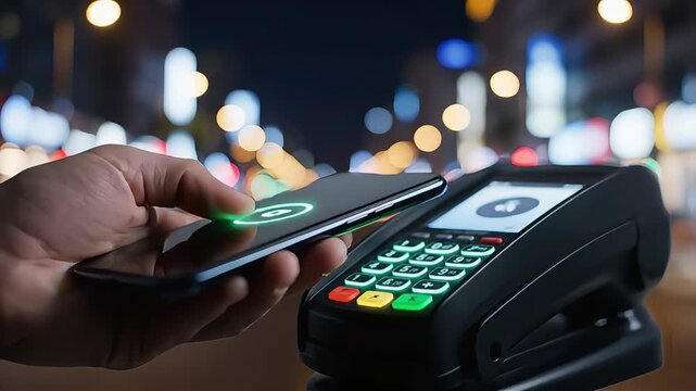 Smartphone being tapped on payment terminal for contactless transaction at night