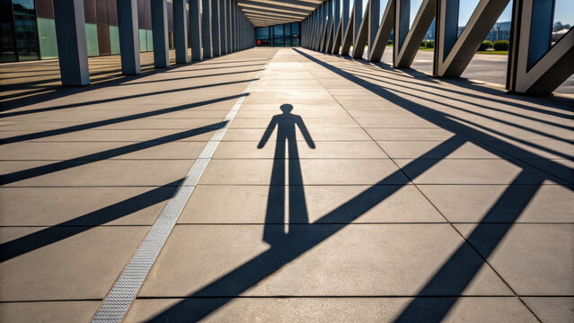 Geometric street composition. long shadow of person on pedestrian walkway with geometric patterns and sunlight