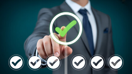 Businessman in suit selecting green checkmark on virtual screen