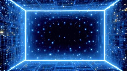 Glowing blue digital tunnel racing through cyberspace, generating dynamic particles and light streams representing technological innovation and data communication flow - Powered by Adobe