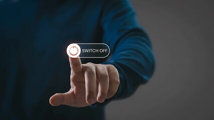 Human hand pressing a glowing 'Switch Off' toggle with circular power icon overlay