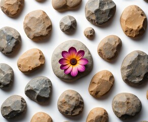 colecci&oacute;n de rocas diversas en diversas formas, tama&ntilde;os y texturas, dispuestas est&eacute;ticamente sobre un fondo blanco puro. Entre las rocas, hay una sola flor
