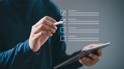 Hands holding a tablet with a stylus and a floating checklist UI overlay