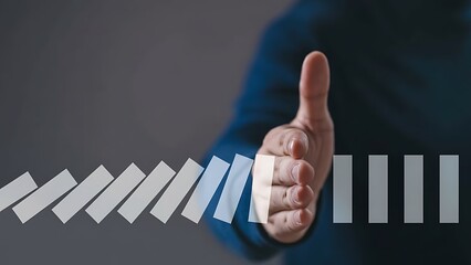 Hand reaching toward abstract progress bars and diagonal blocks in a modern data-visualization concept