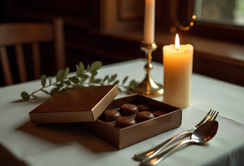 chocolate and coffee beans with a candle on the table