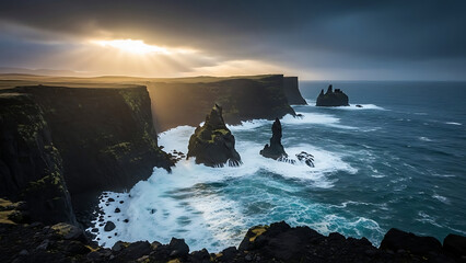 Dramatic ocean waves crash against rugged rocky coastline at sunset