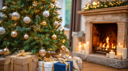 Warm holiday gathering with a beautifully decorated Christmas tree, sparkling ornaments, and festive gifts beside a cozy fireplace during winter evenings