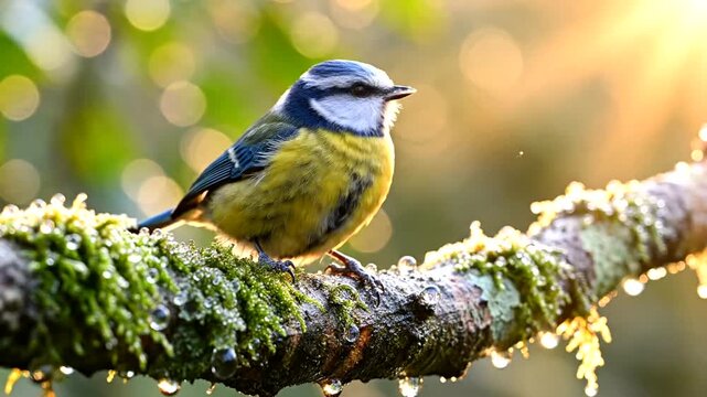 A vibrant blue tit perched on a mossy branch in the sunlight, showcasing its colorful plumage.