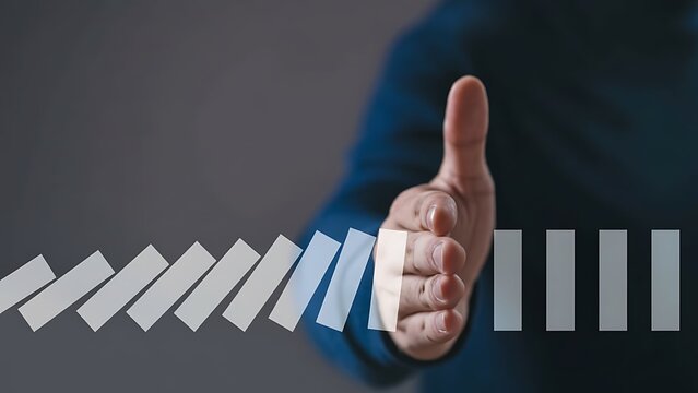 Hand reaching toward abstract progress bars and diagonal blocks in a modern data-visualization concept - Powered by Adobe