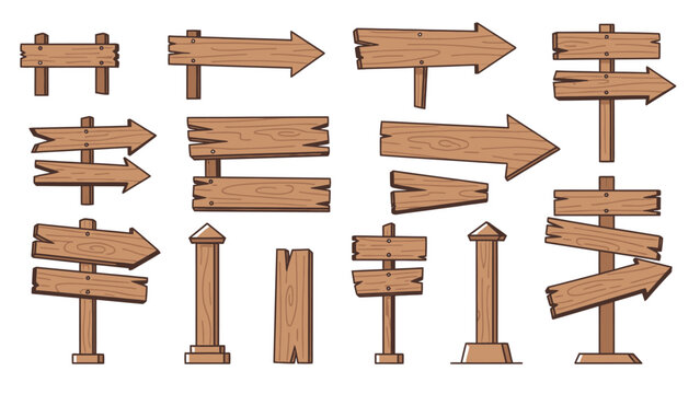 A collection of blank wooden signs and directional arrow signposts featuring old timber planks, empty billboards, and rustic vector boards for road navigation and rustic fence illustrations