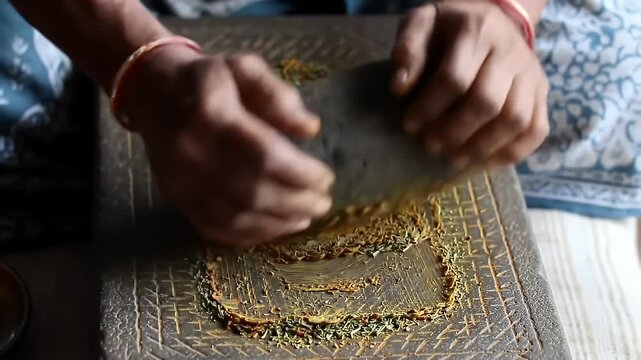 Traditional spice grinding: A woman preparing spices using a grinding stone, showcasing traditional cooking methods