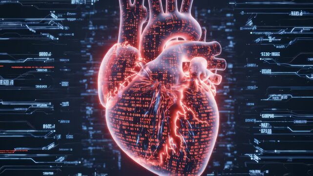Digital Heart Renders With Glowing Details on Binary Code Background