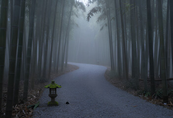 An atmospheric art print of a misty bamboo path, bringing tranquility and Japanese aesthetic to modern home or office decor.