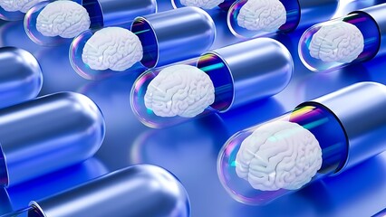 Conceptual 3D illustration of blue capsules containing human brains, neuroscience and drug delivery theme