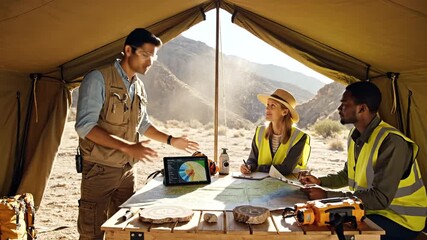Three diverse geologists collaborate in a tented desert field camp, analyzing data on a tablet and map. - Powered by Adobe