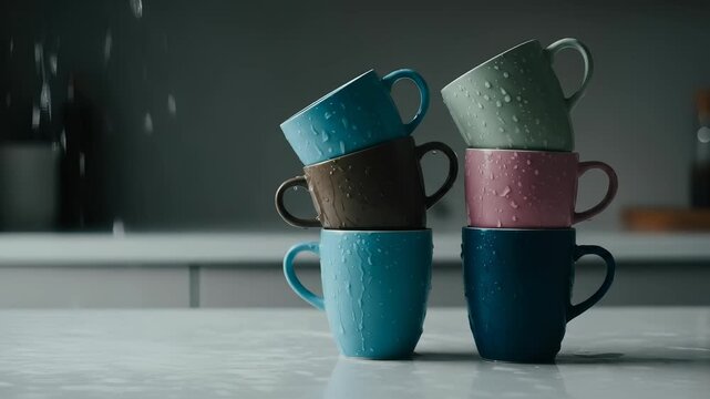 Refreshing water splashes on stacked colorful mugs on a clean kitchen counter, evoking themes of hygiene and home care