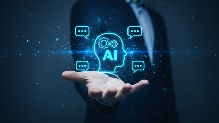 Futuristic AI concept: glowing neural head with gears and chat bubbles above an outstretched hand