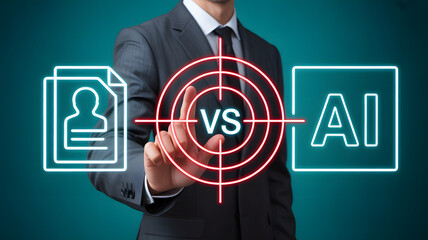 Businessman comparing human intelligence versus AI technology