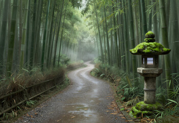 A misty path winds into the Arashiyama bamboo forest, a serene scene for mindfulness, meditation, and wellness branding.