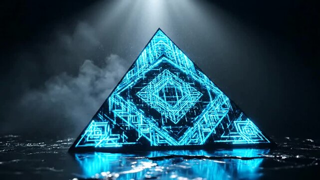 Futuristic glowing pyramid with intricate patterns on a dark, reflective surface.