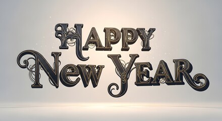 Happy new year text in ornate dark metallic style isolated on white background
