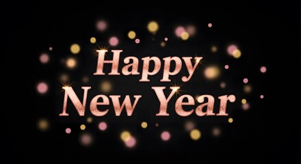 Happy new year text with festive golden and pink sparkling bokeh lights