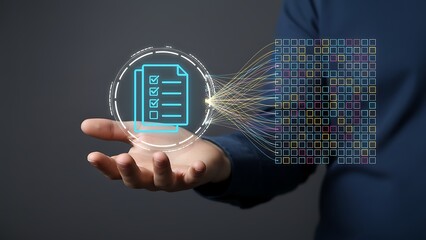 Futuristic holographic checklist icon projected from hand with colorful data grid