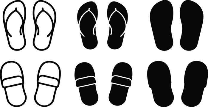 Summer Flip Flops and Indoor Slippers Footwear Casual Shoes Travel Apparel Accessories Vector Silhouette and Pictogram Icon Set.eps