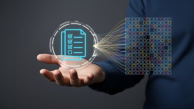 Futuristic holographic checklist icon projected from hand with colorful data grid - Powered by Adobe