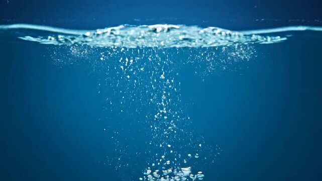 Water surface view with bubbles in deep blue, underlit water