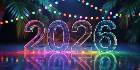 The year 2026 displayed in glowing glass numbers with festive lights
